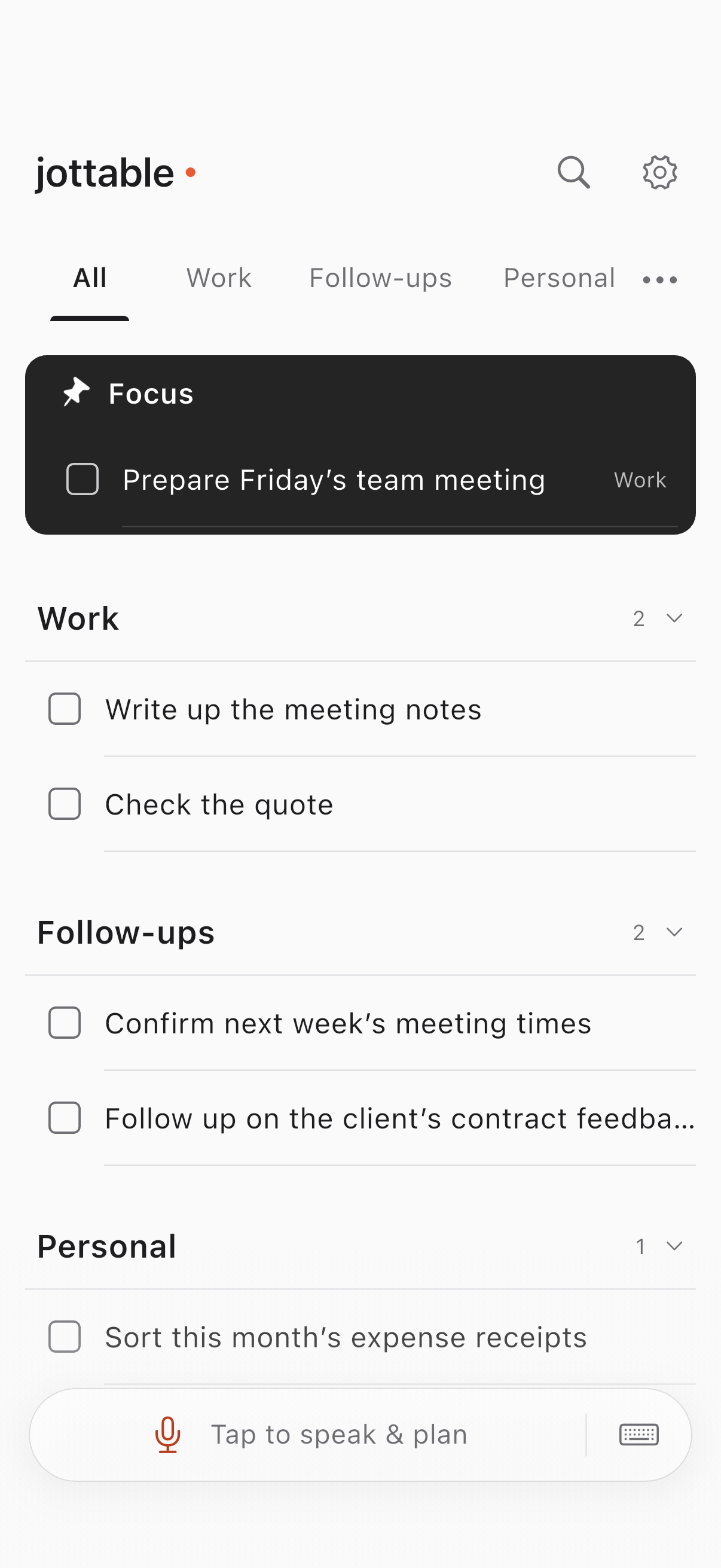 jottable English home screen showing Focus and work task categories